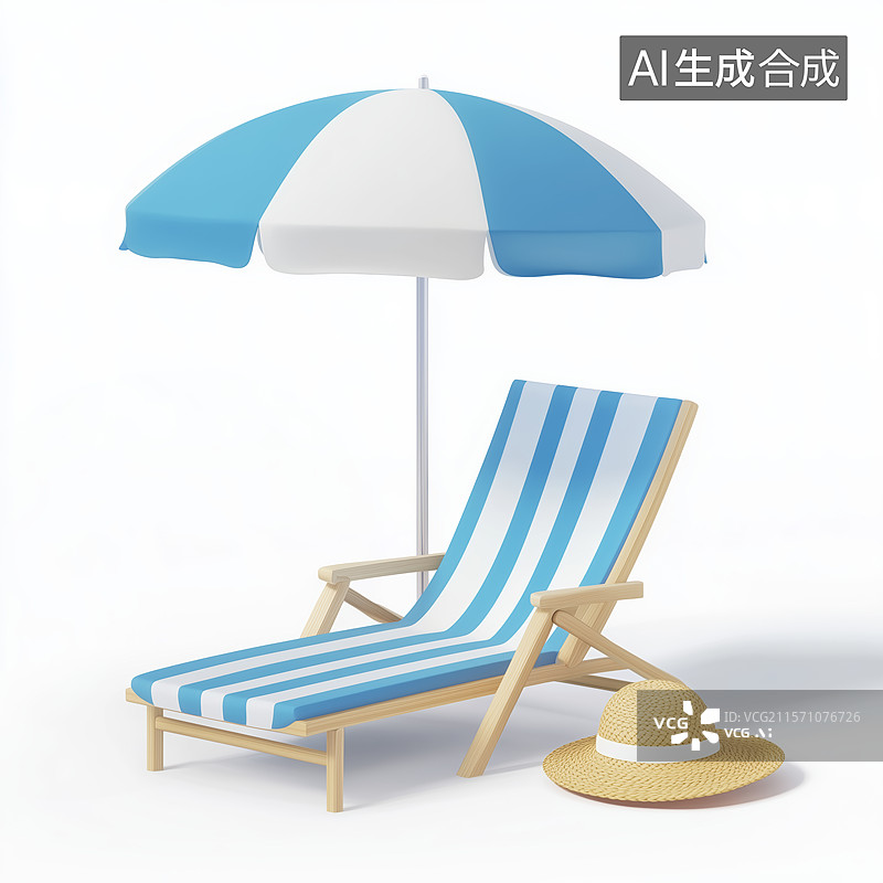 【AI数字艺术】蓝白条纹遮阳伞与躺椅图片素材