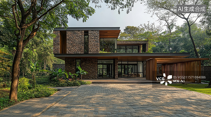 【AI数字艺术】现代石木别墅设计图片素材