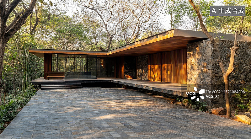 【AI数字艺术】森林中的现代木屋图片素材