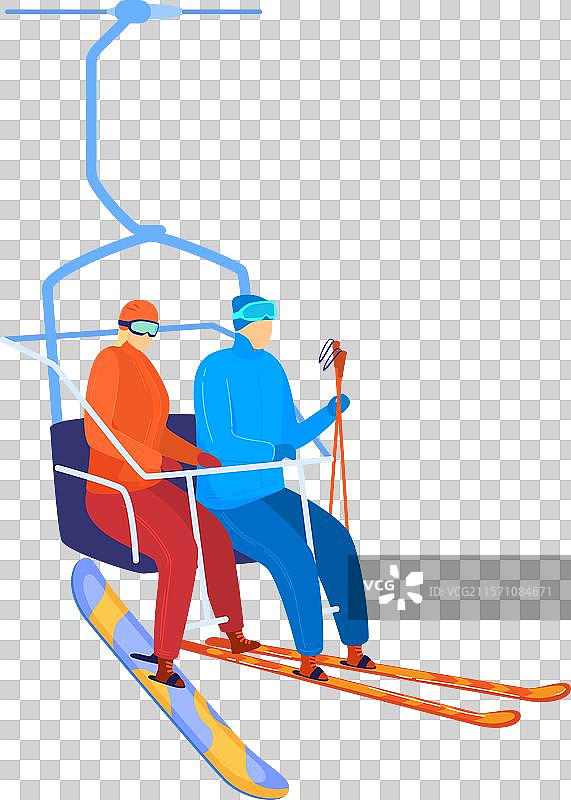 穿着保护装备的滑雪者坐在缆车上图片素材