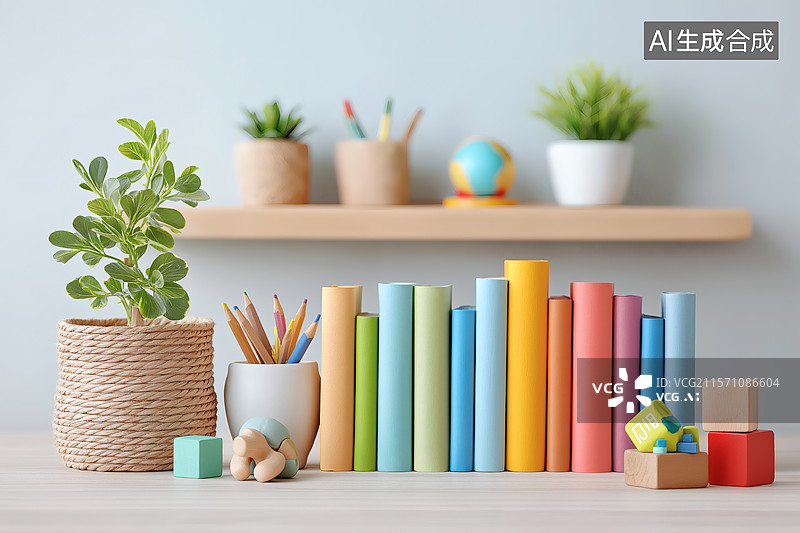 【AI数字艺术】儿童房书架上的玩具和书籍图片素材