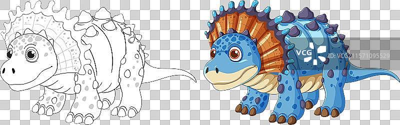 可爱的蓝色恐龙，身上有五彩斑斓的饰边图片素材