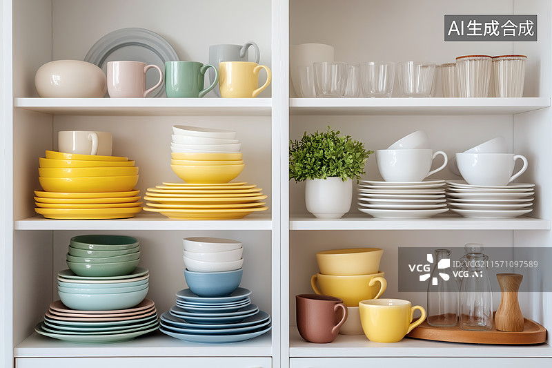 【AI数字艺术】整洁的厨房橱柜收纳图片素材
