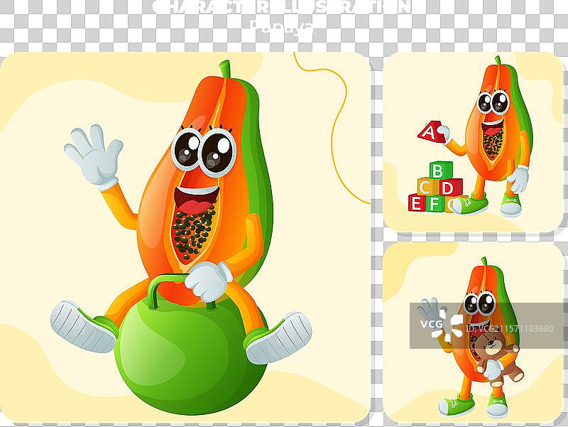 可爱的木瓜角色在玩儿童玩具图片素材