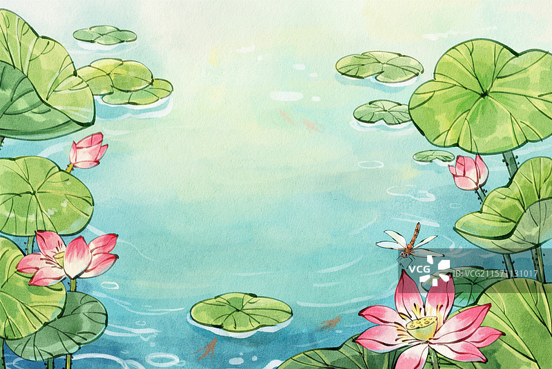 手绘水彩夏天夏季荷花荷叶水池池塘小清新背景图片素材