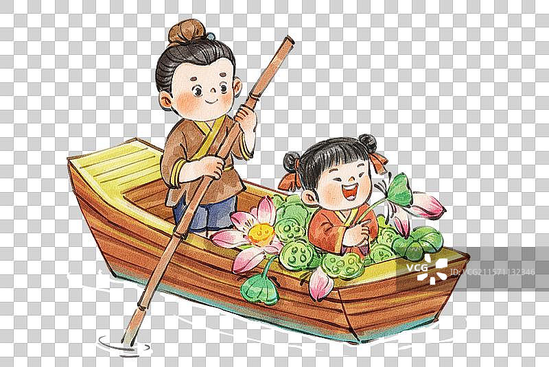 手绘水彩古风采莲藕的儿童可爱免抠元素图片素材