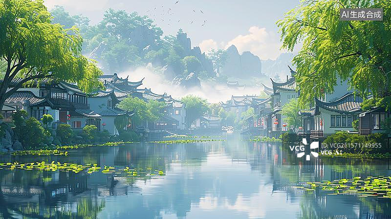 【AI数字艺术】山水间的静谧古亭 田园诗意下的中国风古建筑亭台阁楼 烟雨江南水乡人家图片素材