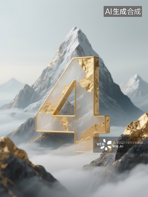 【AI数字艺术】金色数字四屹立雪山之巅图片素材