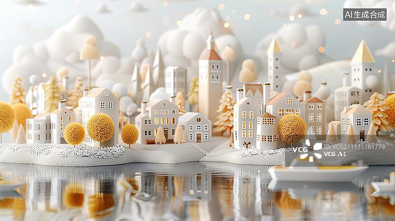 【AI数字艺术】童话小镇的梦幻岛屿 水上城堡的奇妙世界图片素材