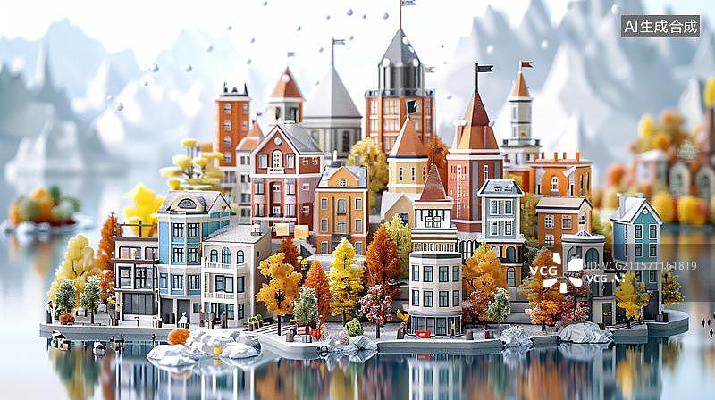 【AI数字艺术】童话小镇的梦幻岛屿 水上城堡的奇妙世界图片素材