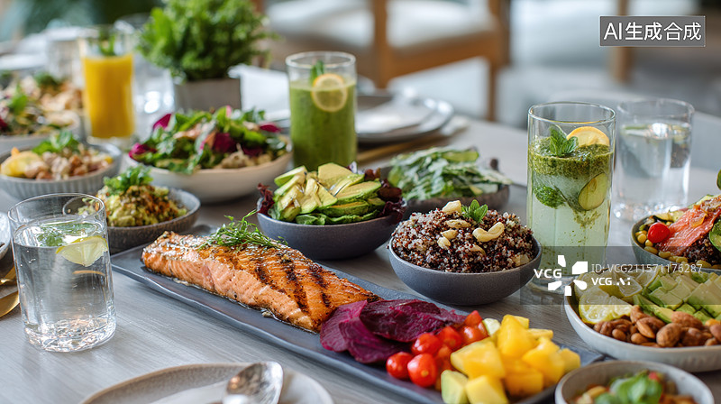 【AI数字艺术】健康美食拼盘，色彩缤纷的餐桌布置图片素材