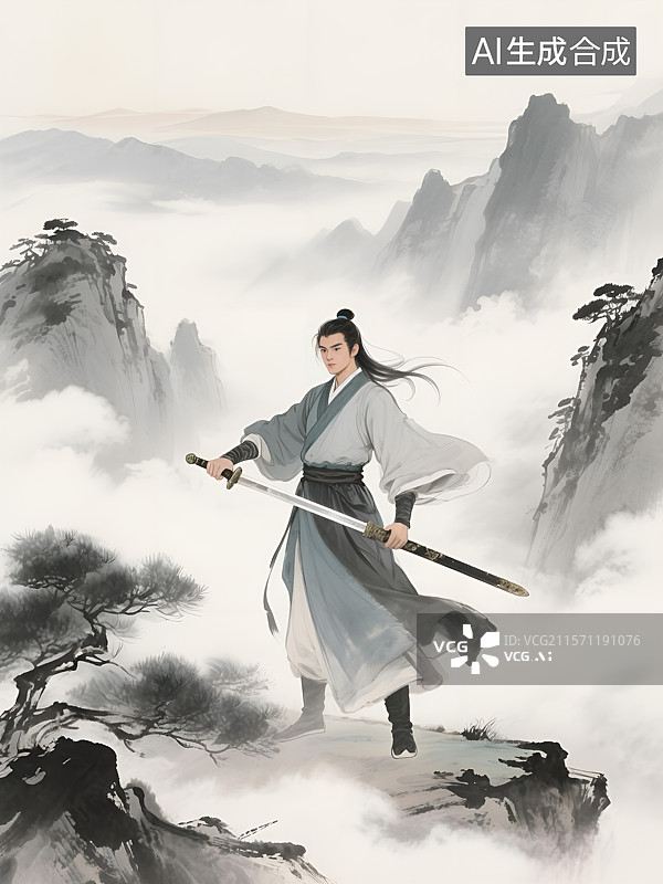 【AI数字艺术】水墨风武侠人物郭靖图片素材