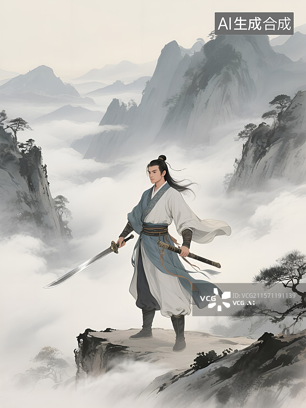 【AI数字艺术】水墨风武侠人物郭靖图片素材