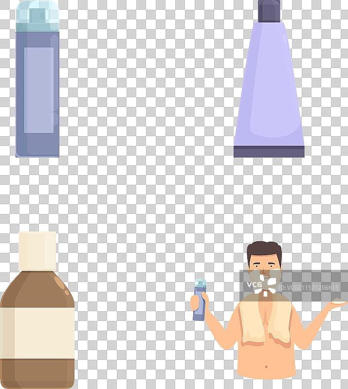 一组化妆瓶和快乐的男人正在涂抹化妆品图片素材