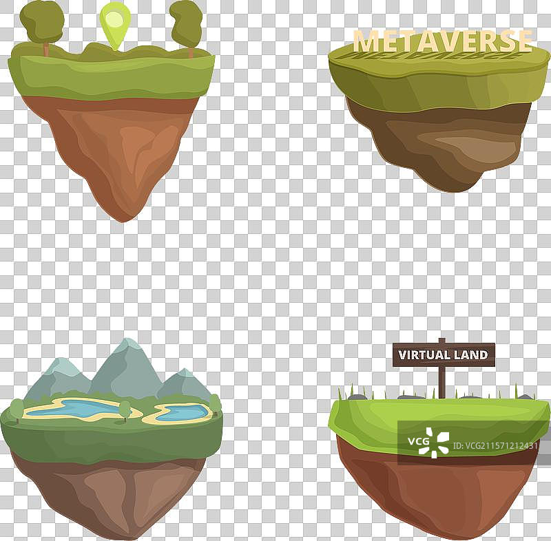 四个风格化的漂浮岛屿组合，代表着图片素材