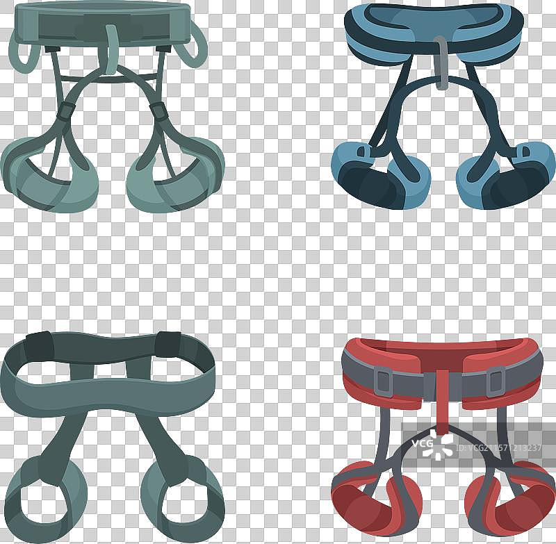 一组各种攀岩安全带，孤立在白色背景上图片素材