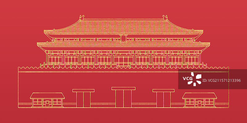 故宫紫禁城午门明清两代皇家宫殿首都北京中轴线世界遗产名录城市地标建筑 红金配色烫金描金填色线稿结构图片素材