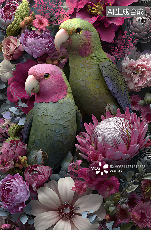 【AI数字艺术】鹦鹉 花朵图片素材