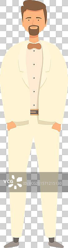 微笑的新郎穿着奶油色西装和棕色配饰摆姿势图片素材