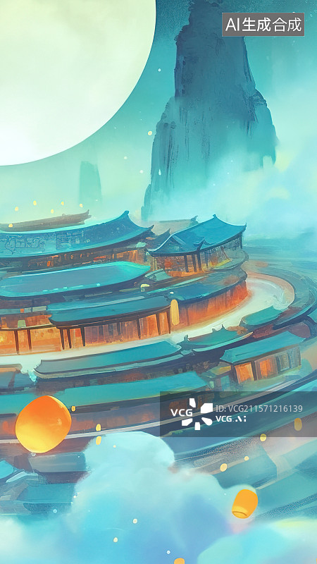 【AI数字艺术】中秋节元宵节十五月圆夜晚高挂夜空 圆形土楼式样古建筑仙山祥云天宫楼阁 点亮孔明灯天灯祈天灯祈福许愿图片素材