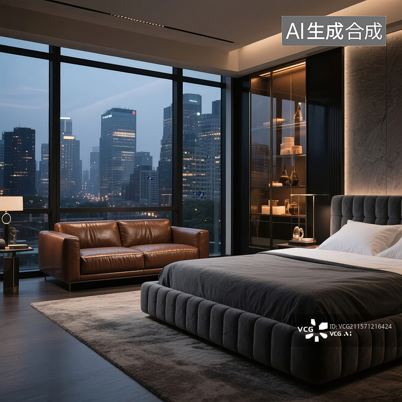 【AI数字艺术】现代豪华卧室夜景图片素材