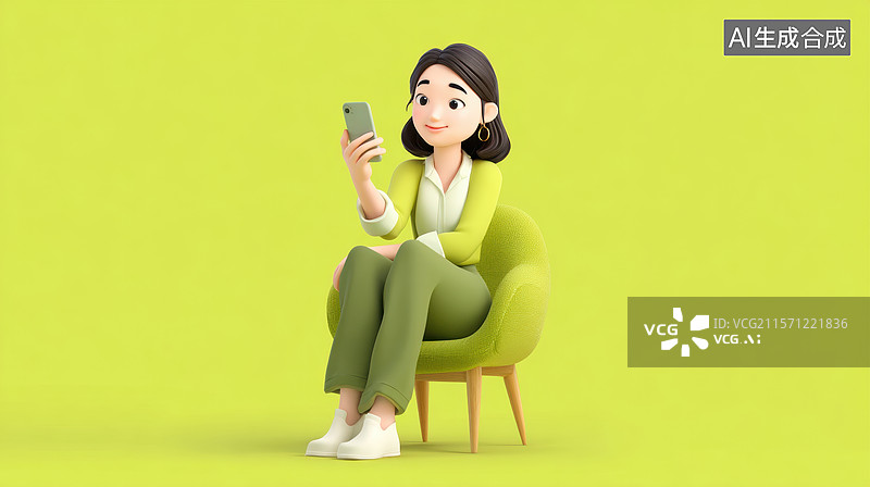 【AI数字艺术】女性坐在椅子上使用手机图片素材