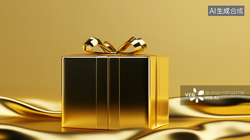 【AI数字艺术】3D礼物礼盒金属光泽质感缎带蝴蝶结包装礼品盒丝绸装饰购物节促销高端大气奢华喜庆金色送礼商务背景图片素材