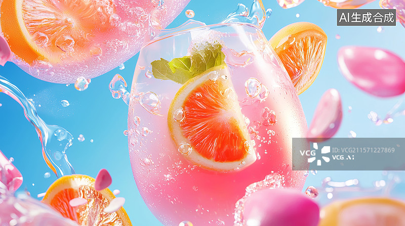 【AI数字艺术】3D葡萄柚鲜榨果汁果茶飞溅干杯冰块夏天清爽活力夏至饮品促销时尚清健康潮流青春可爱快乐国潮风蓝色背景图片素材