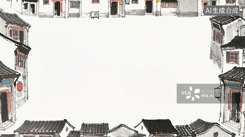 【AI数字艺术】复古中国风水墨画环绕背景，古代居民区住宅砖瓦建筑房屋四合院农家乐景观 中间留白空白背景板花边边框装饰图片素材