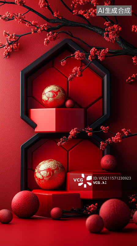 【AI数字艺术】红色背景下的产品展台场景图片素材