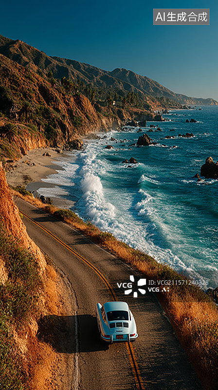 【AI数字艺术】蜿蜒海岸线与山脉道路航拍图像图片素材