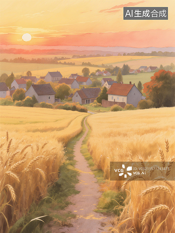 【AI数字艺术】夕阳下的乡村小路穿过金黄色麦田，远处房屋错落有致，天空色彩斑斓图片素材