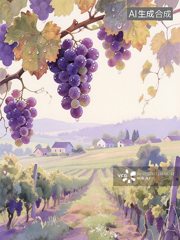 【AI数字艺术】葡萄藤上挂着晶莹的葡萄，远处是宁静的乡村景色，田野、房屋和山脉交相辉映图片素材