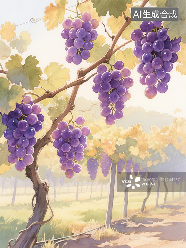 【AI数字艺术】葡萄藤上挂满紫色葡萄，阳光洒在绿叶和远处的田野上，营造出宁静的田园景象图片素材