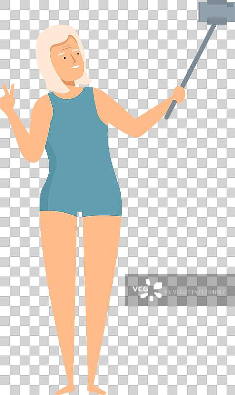 老年女性使用自拍杆拍照图片素材