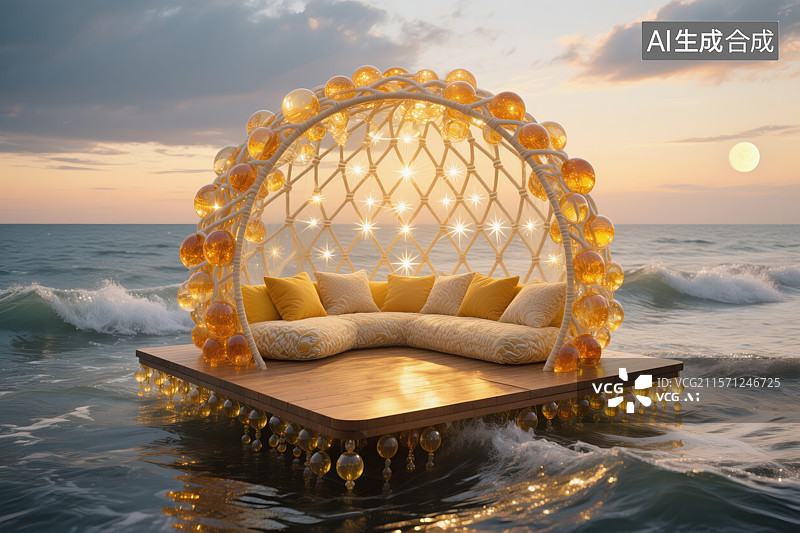 【AI数字艺术】梦幻海上休憩空间：金色光影与海洋的浪漫交融图片素材