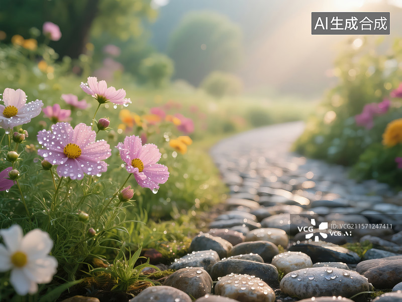 【AI数字艺术】晨光下的花园小径与露珠花卉图片素材