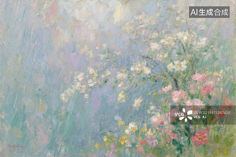 【AI数字艺术】印象派雨中缤纷花簇之景图片素材
