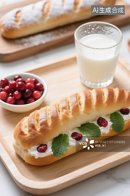 【AI数字艺术】清新蔓越莓奶油面包与牛奶的精致搭配图片素材