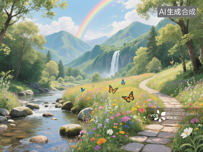 【AI数字艺术】梦幻山林溪谷：彩虹与蝴蝶的自然交响图片素材