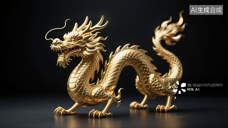 【AI数字艺术】3D立体三维C4D发光的闪亮的金色金属质感中国龙文化传统文化雕塑雕像美术工艺品图片素材