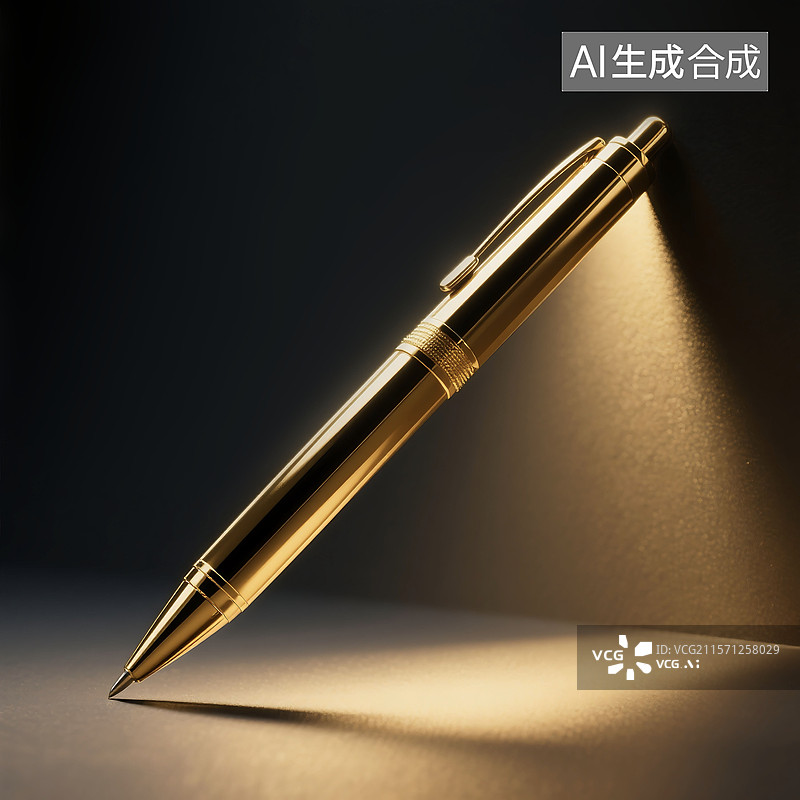 【AI数字艺术】3D立体三维C4D发光的闪亮的金色金属质感钢笔书写写作创作文学作家教育知识智慧图片素材