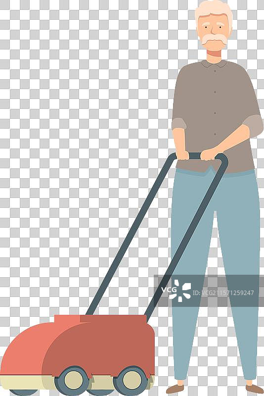 老年男子使用现代割草机修剪草坪图片素材