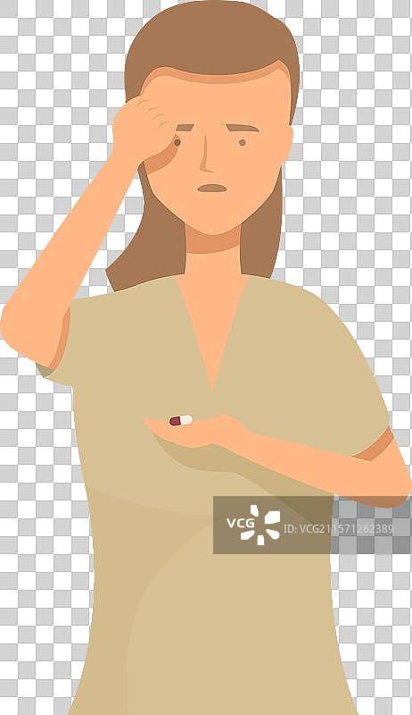 伤心的年轻女性捧着药丸，感到头痛。图片素材