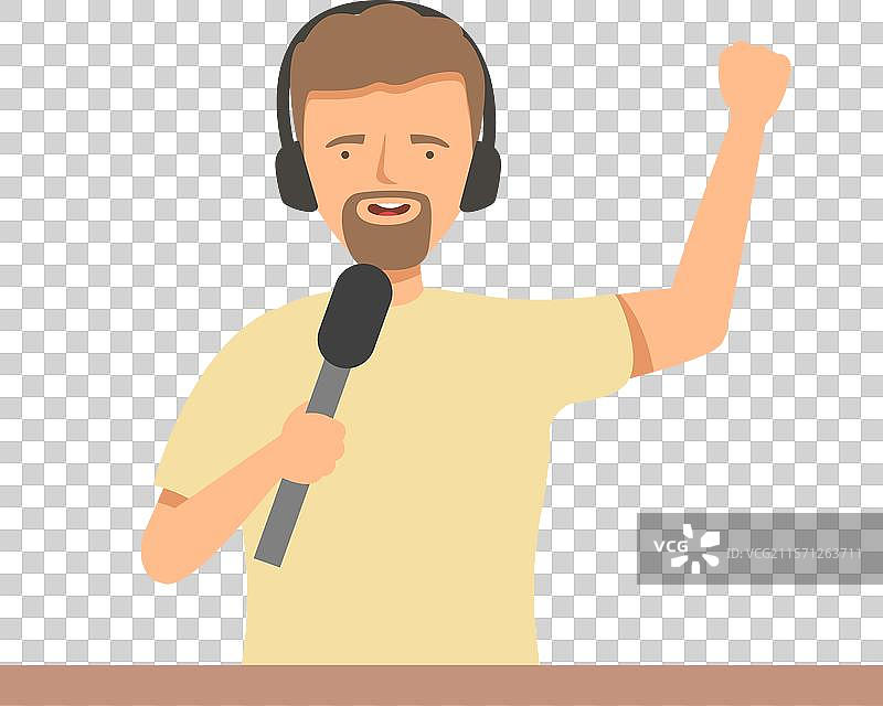 电台主持人对着麦克风讲话，穿着图片素材