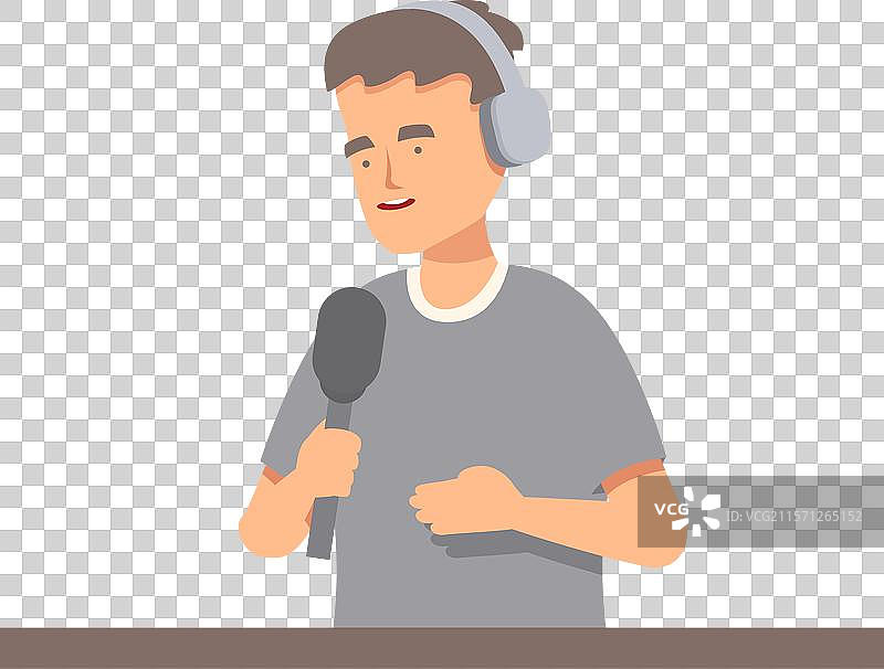 电台主持人对着麦克风讲话，穿着图片素材