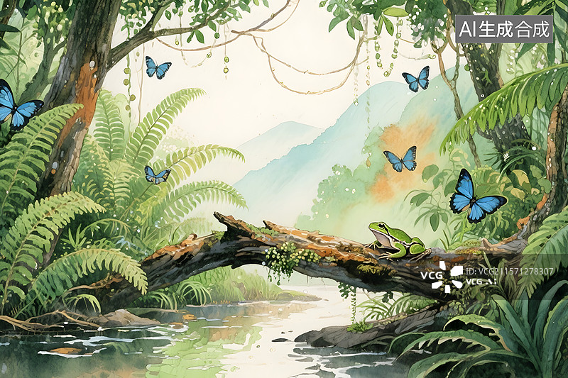 【AI数字艺术】热带雨林自然美丽风景与生物的插画图片素材
