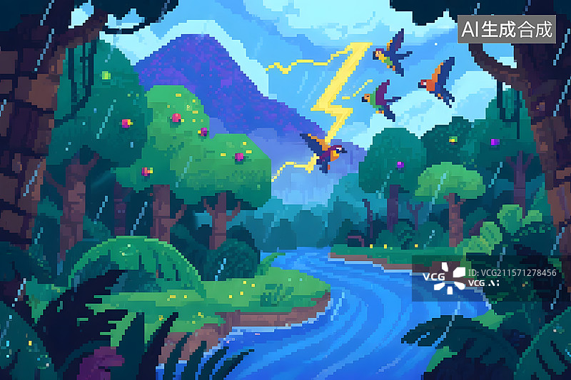 【AI数字艺术】热带雨林自然美丽风景与生物的插画图片素材