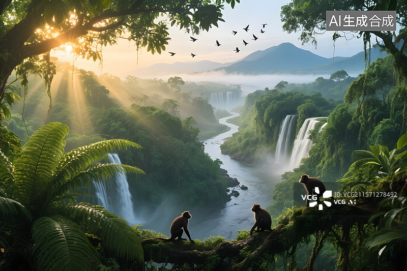 【AI数字艺术】热带雨林自然美丽风景与生物的插画图片素材