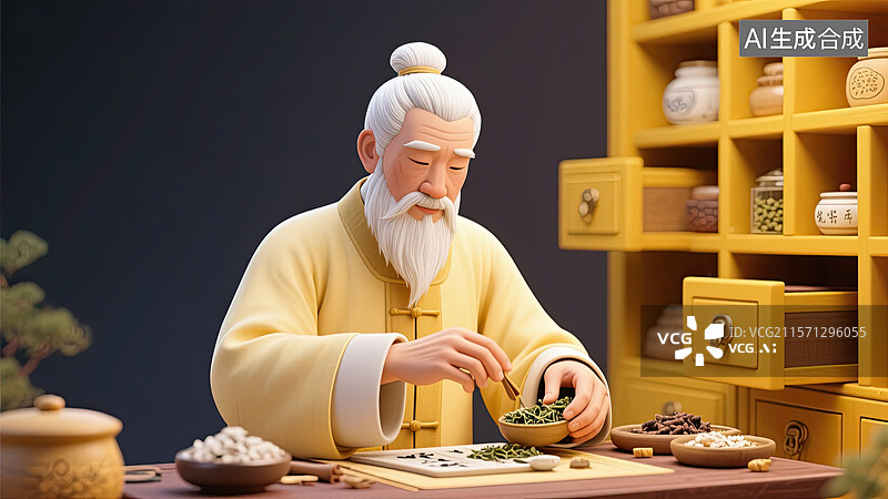 【AI数字艺术】白头发，老中医，中药柜，抓药，插画图片素材
